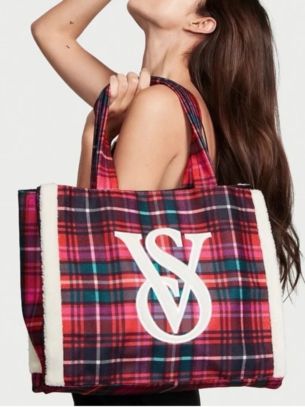 Victoria’s Secret Limited Edition Plaid Holiday Tote with Fleece Trim